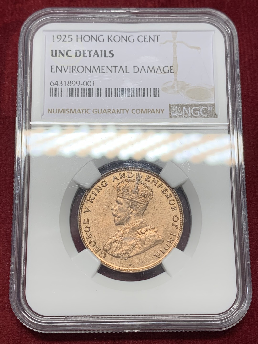 《竞宝斋》第159场-周日，周一 2场 (全场包邮) NGC-UNCD 中国 香港 乔治五世 1925年 一仙铜币 极品原光 背面一小块脏东西非常可惜 整体63状态