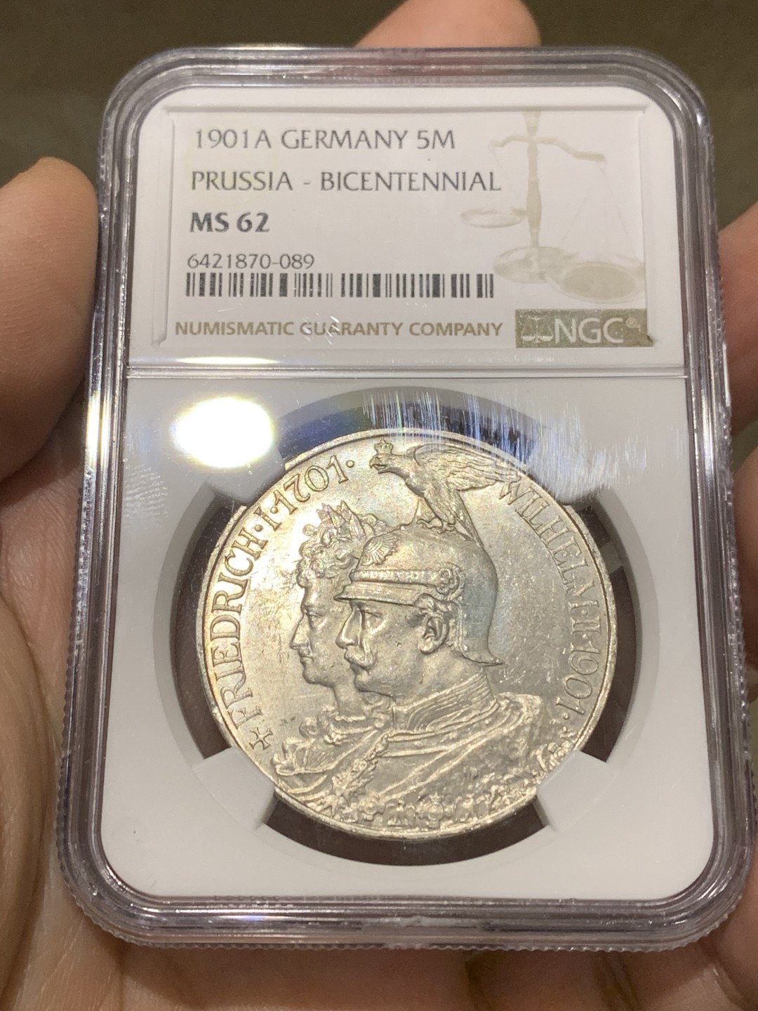 《竞宝斋》第159场-周日，周一 2场 (全场包邮) NGC-MS62 德国 1901年 5马克 大银币 普鲁士建国200周年纪念银币 原味淡包浆 温润舒服