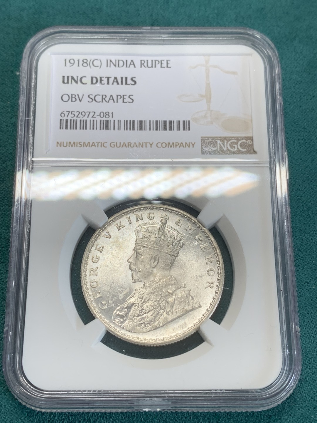 《竞宝斋》第159场-周日，周一 2场 (全场包邮) NGC UNC 英属印度 1918-C版 乔五 1卢比 银币 白净转光