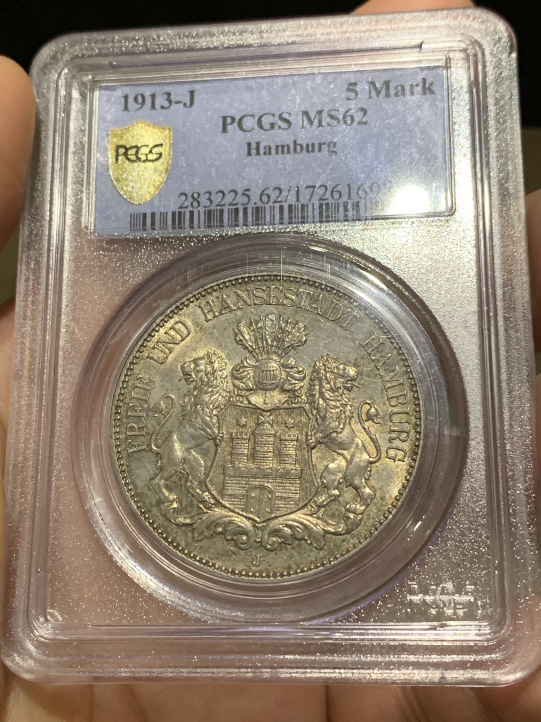 《竞宝斋》第159场-周日，周一 2场 (全场包邮) PCGS-MS62 德国汉堡 1913年双狮5马克 淡彩包浆 灯下非常漂亮 状态很好