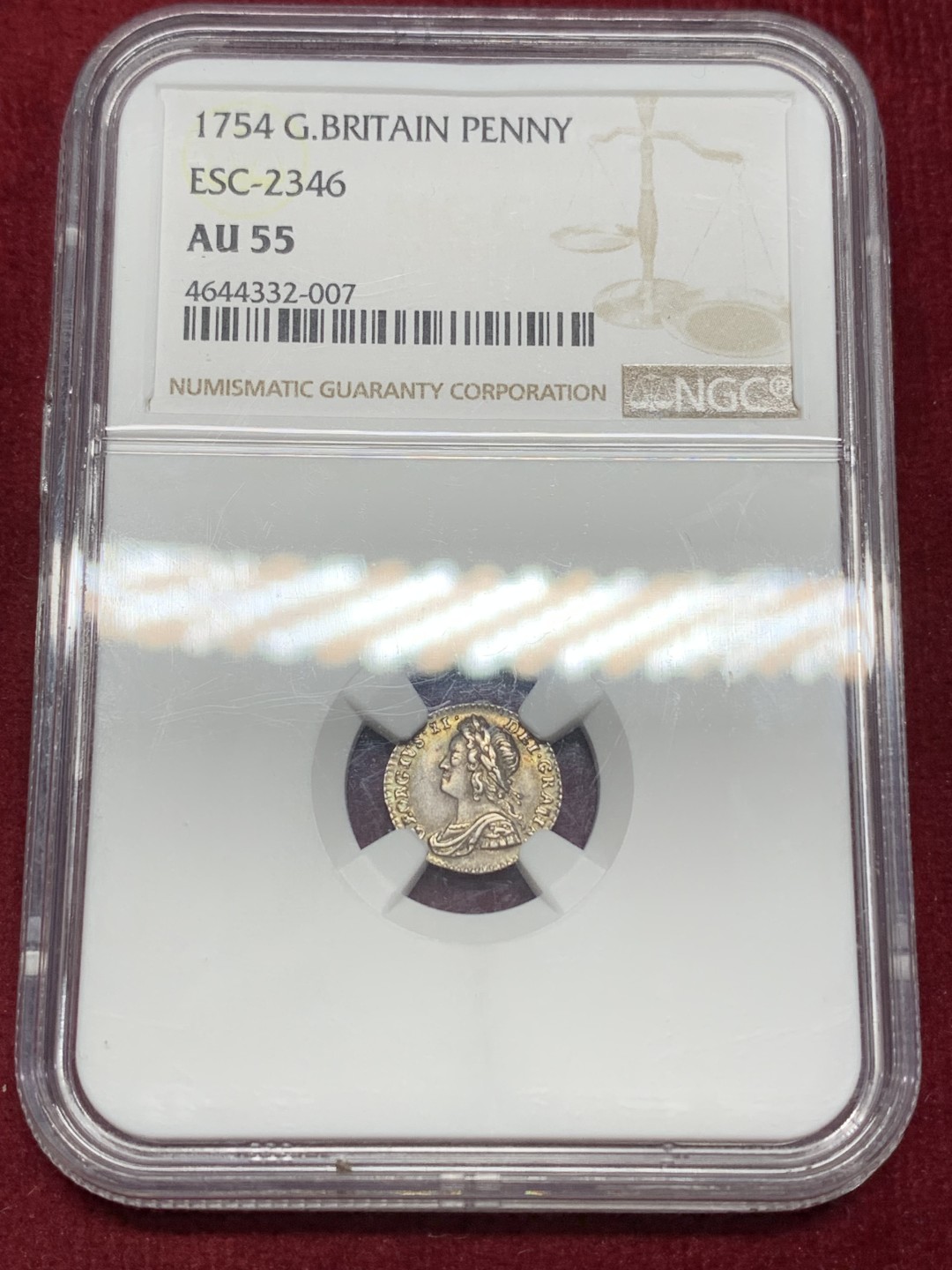 《竞宝斋》第159场-周日，周一 2场 (全场包邮) NGC-AU55 英国乔治二世 1便士银币 留传不易