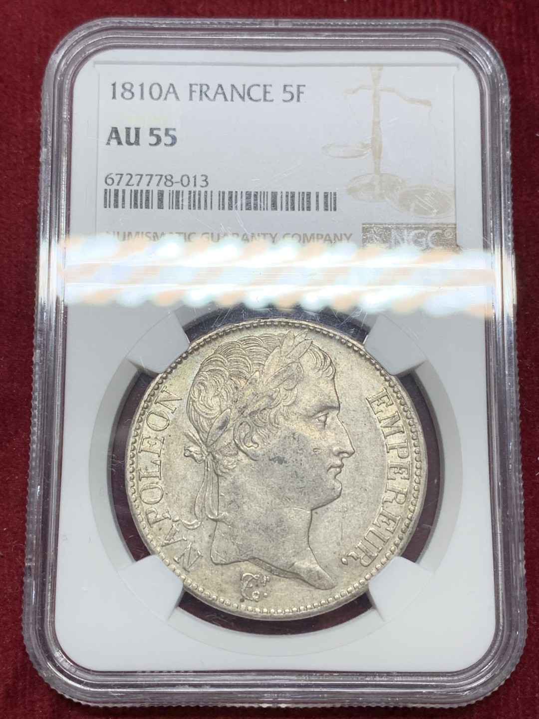 《竞宝斋》第159场-周日，周一 2场 (全场包邮) NGC-AU55 1810年法国拿破仑5法郎 1810的评级数量大概是1811的20%，老包浆状态可以