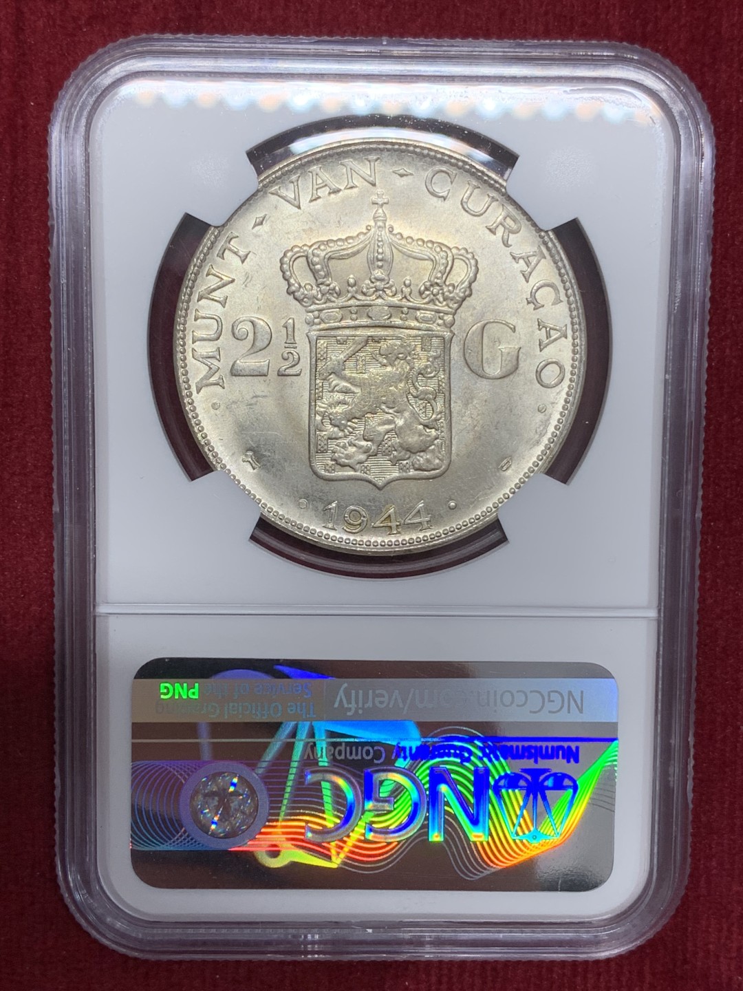 《竞宝斋》第159场-周日，周一 2场 (全场包邮) NGC-MS63 荷属库拉索1944年 威廉米娜女王 2.5盾大银币 顶级原光好品