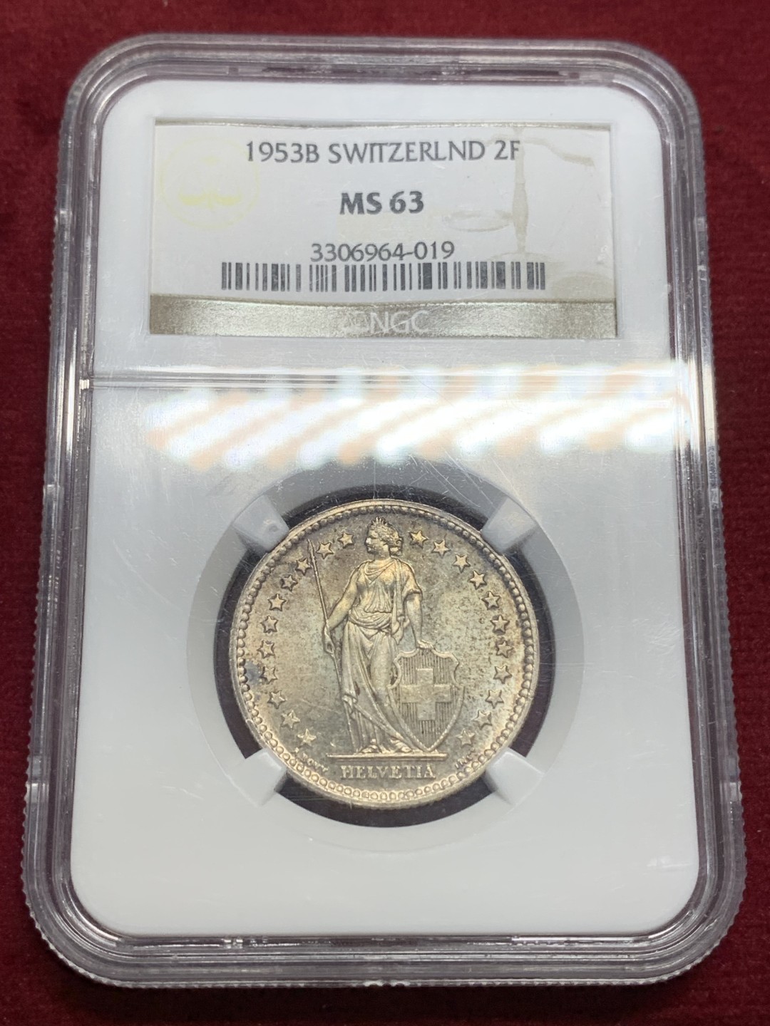 《竞宝斋》第159场-周日，周一 2场 (全场包邮) NGC-MS63 1953年 瑞士2法郎银币，赫尔维蒂娅女神。后期特年，1940后发行量最少的年份，书价是常见6x年的4-5倍