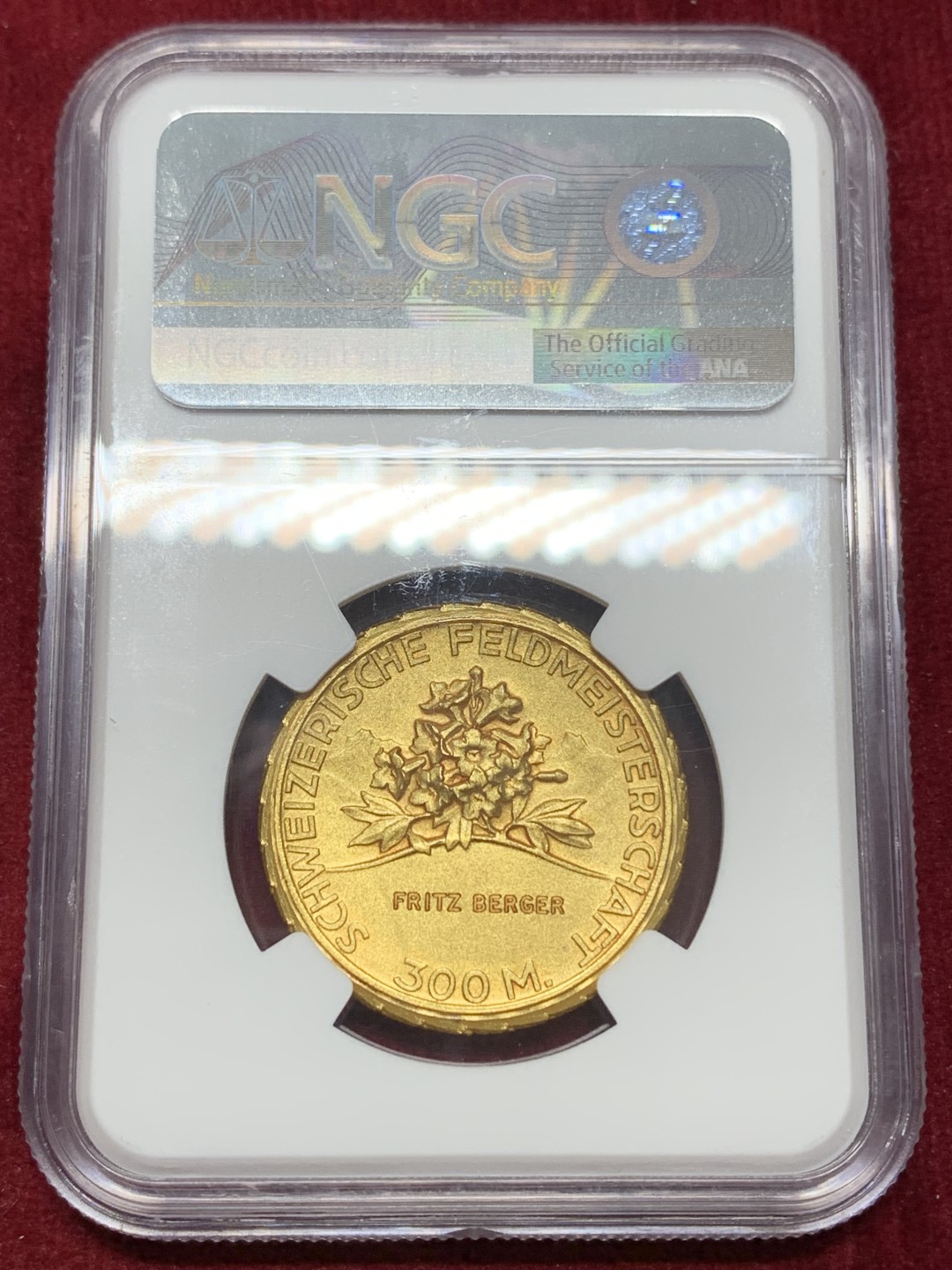 《竞宝斋》第159场-周日，周一 2场 (全场包邮) NGC MS66 1920-30年瑞士射击节镀金银章 顶级分数 细节非常好