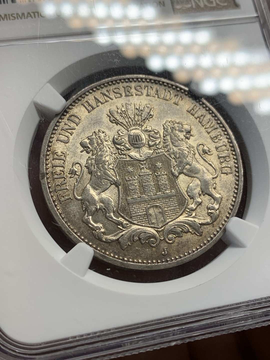 《竞宝斋》第159场-周日，周一 2场 (全场包邮) NGC-AU58 德国 1909年 汉堡双狮 3马克银币