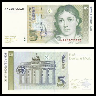 外国纸钞精选😋专场🐎👏🏻 - 联邦德国5马克纸币 AA冠 勃兰登堡门 1991年 UNC（号码，签名随机） 