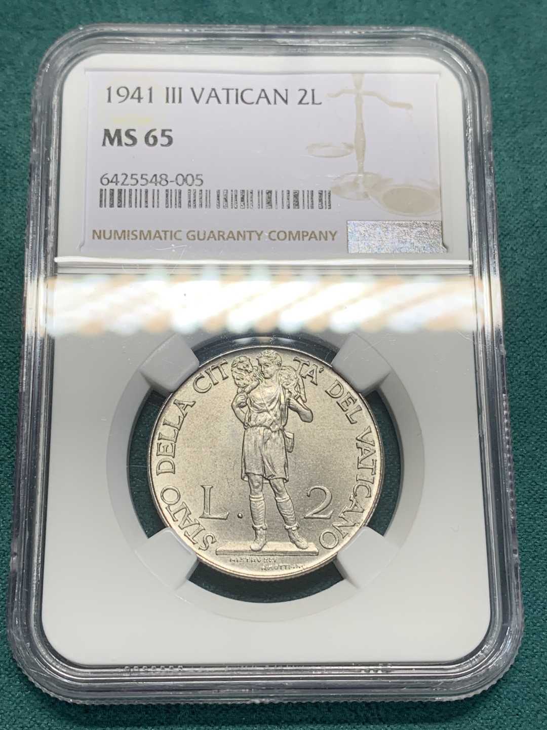 《竞宝斋》第159场-周日，周一 2场 (全场包邮) NGC-MS65，梵蒂冈1941年2里拉大镍币，耶稣救世寓意，梵蒂冈铸币设计巅峰