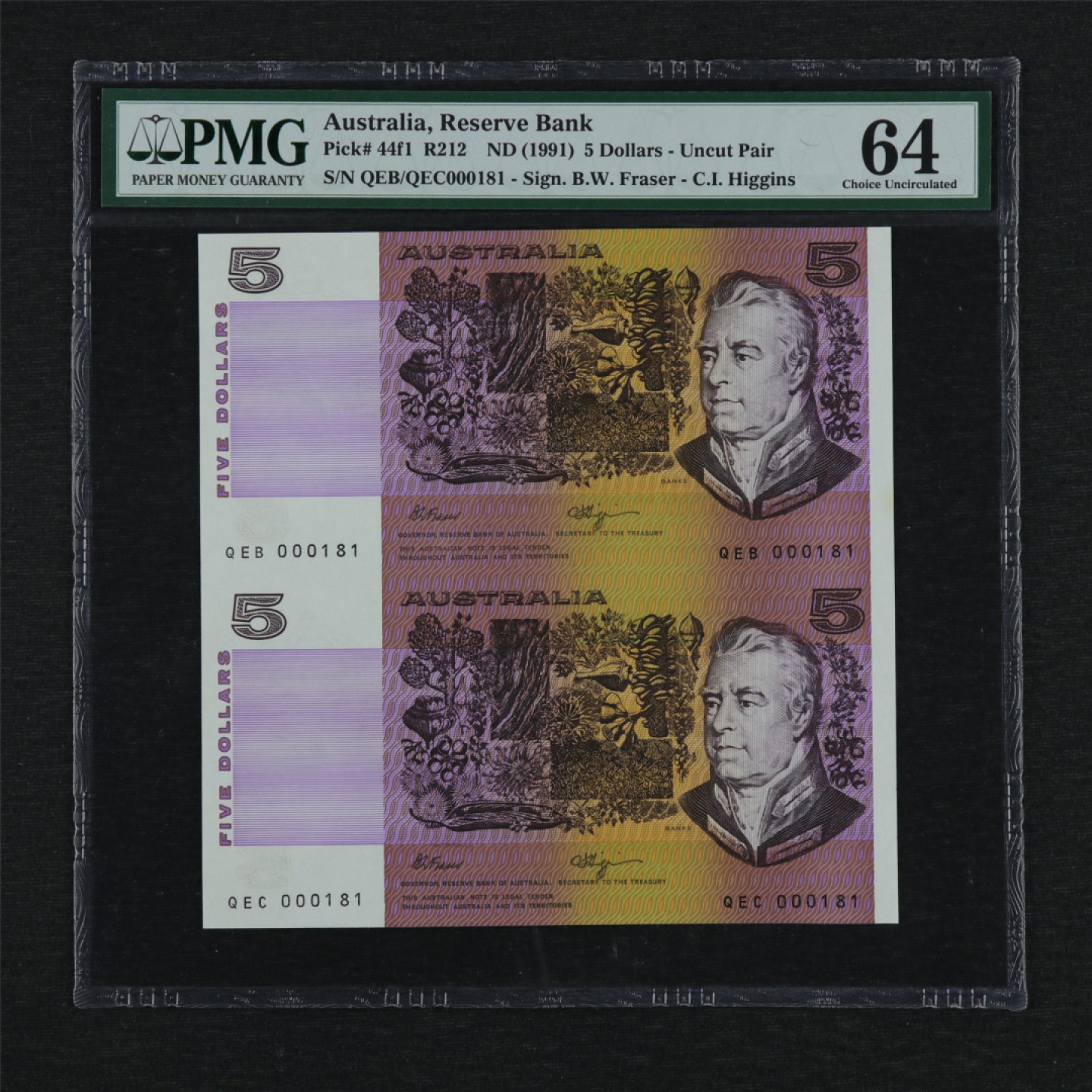 【亘邦集藏】第157期拍卖 1991年 澳大利亚连体钞5元 PMG 64 QEB/QEC000181 小号连体钞
