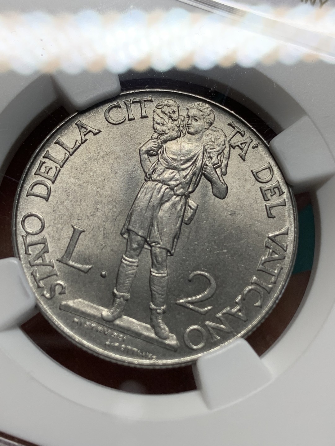 《竞宝斋》第159场-周日，周一 2场 (全场包邮) NGC-MS65，梵蒂冈1941年2里拉大镍币，耶稣救世寓意，梵蒂冈铸币设计巅峰