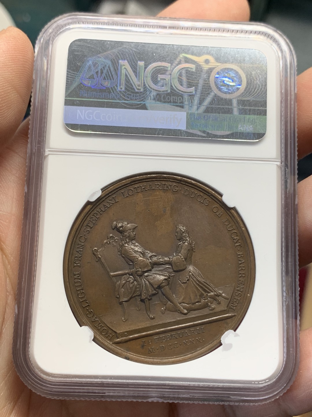 《竞宝斋》第159场-周日，周一 2场 (全场包邮) NGC MS62 1730年法国路易十五铜章 洛林公爵纪念铜章 难得ms好品