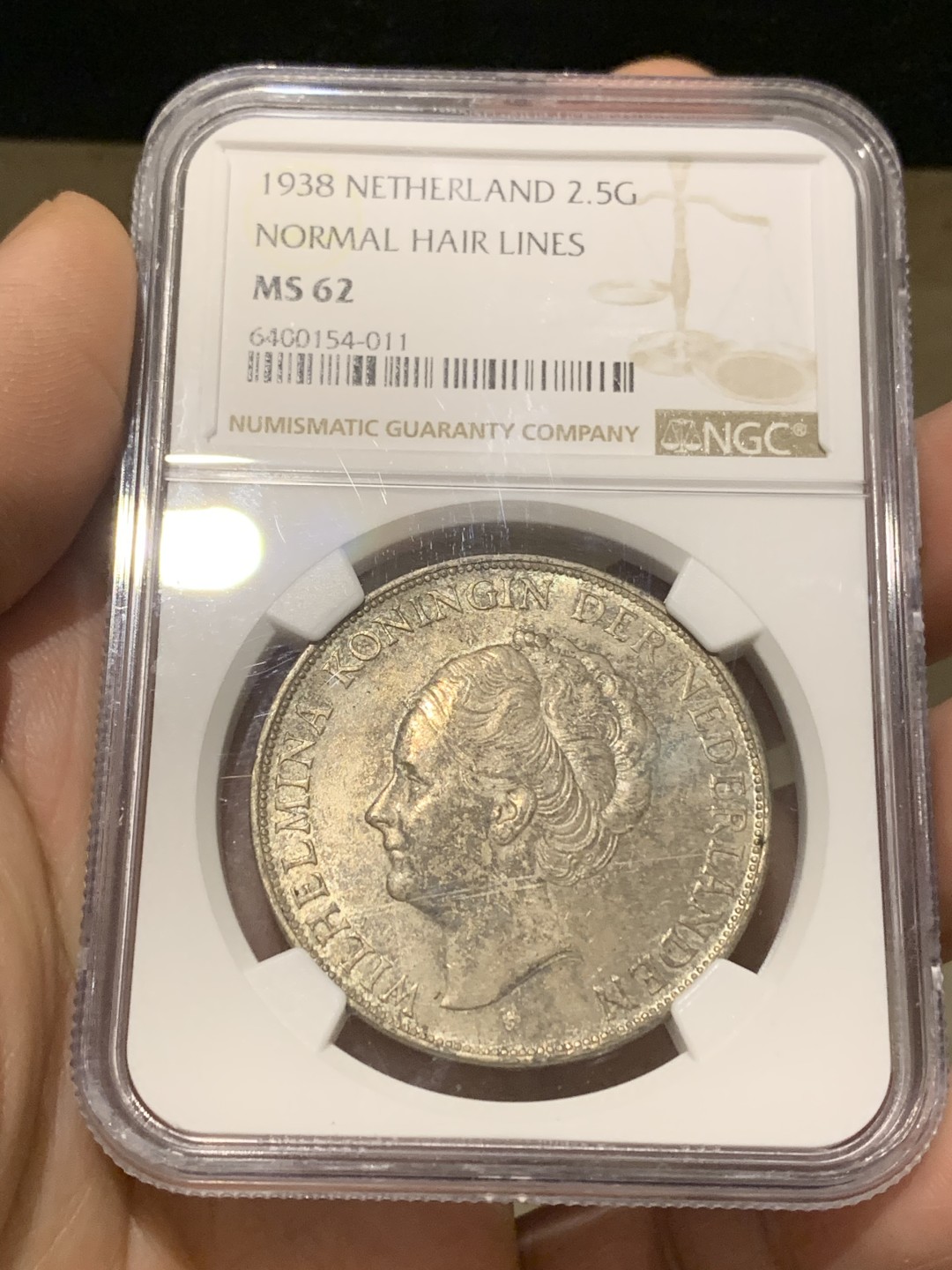 《竞宝斋》第159场-周日，周一 2场 (全场包邮) NGC MS62 1938年荷兰女王威廉明娜2.5盾银币