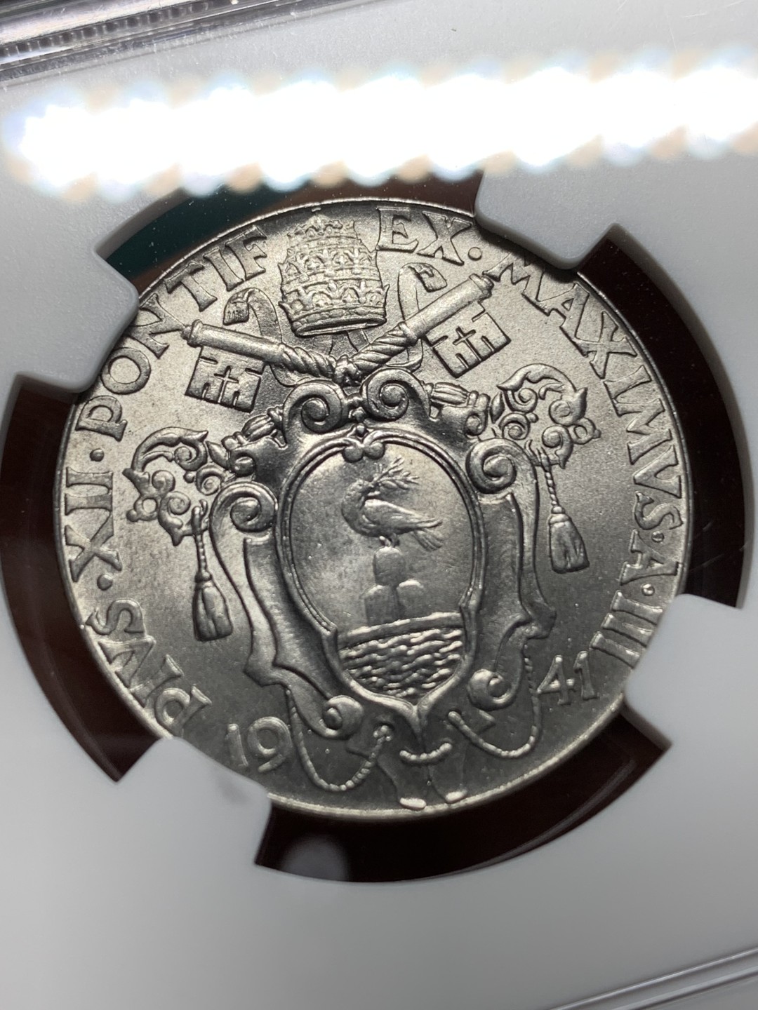 《竞宝斋》第159场-周日，周一 2场 (全场包邮) NGC-MS65，梵蒂冈1941年2里拉大镍币，耶稣救世寓意，梵蒂冈铸币设计巅峰