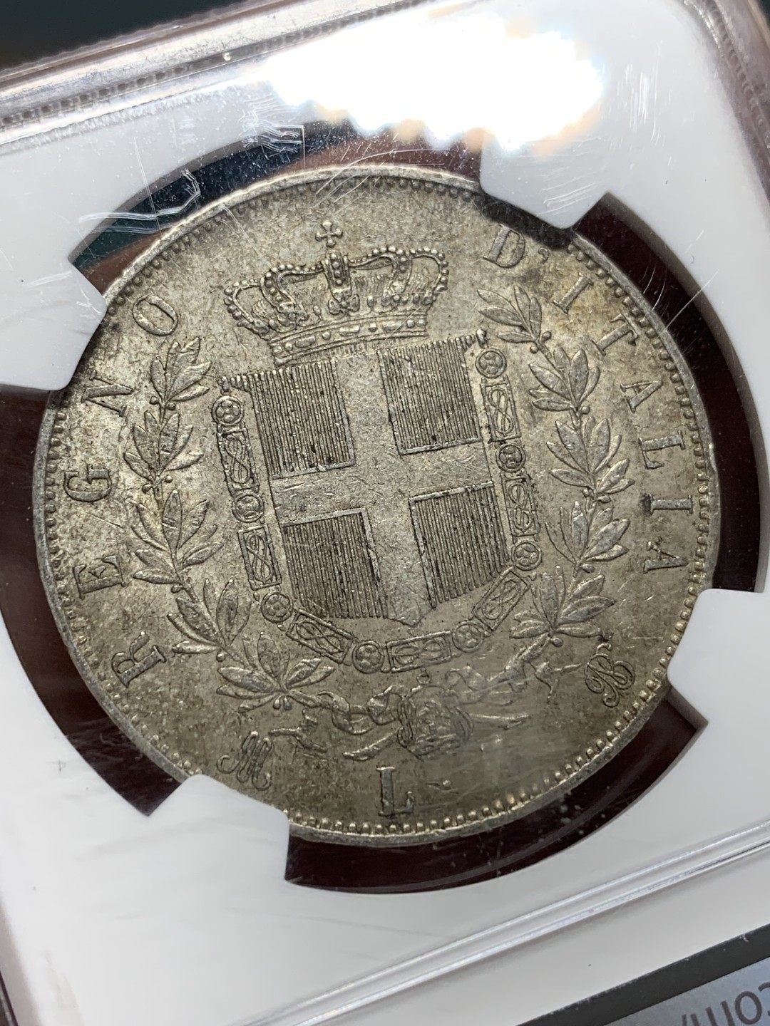 《竞宝斋》第159场-周日，周一 2场 (全场包邮) NGC-MS62 意大利5里拉大银 1869年该品种首年 枪灰色泛橙包浆 意大利国父埃马努埃尔二世早期统治意大利的见证