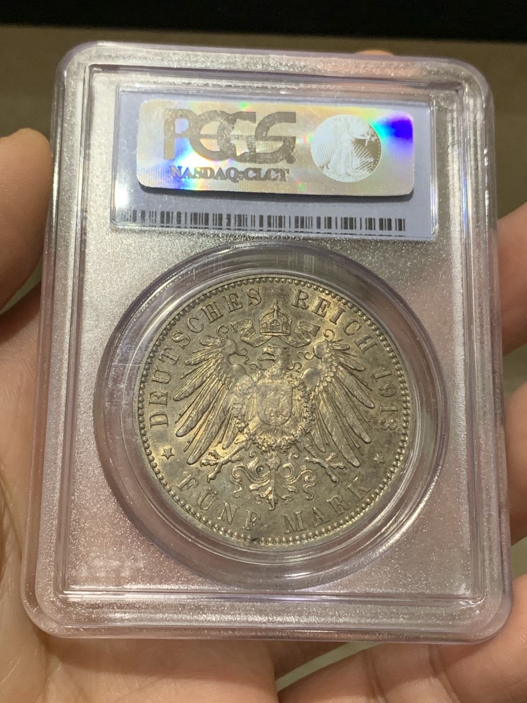 《竞宝斋》第159场-周日，周一 2场 (全场包邮) PCGS-MS62 德国汉堡 1913年双狮5马克 淡彩包浆 灯下非常漂亮 状态很好