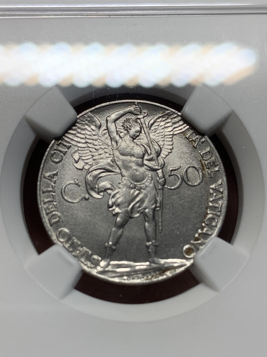 《竞宝斋》第159场-周日，周一 2场 (全场包邮) NGC-MS64，梵蒂冈1941年50分，战斗天使，梵蒂冈铸币设计巅峰，造型时尚已很难买到