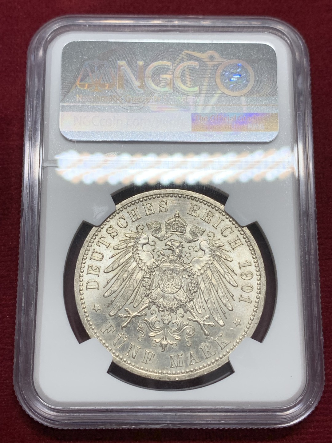 《竞宝斋》第159场-周日，周一 2场 (全场包邮) NGC-MS62 德国 1901年 5马克 大银币 普鲁士建国200周年纪念银币 原味淡包浆 温润舒服