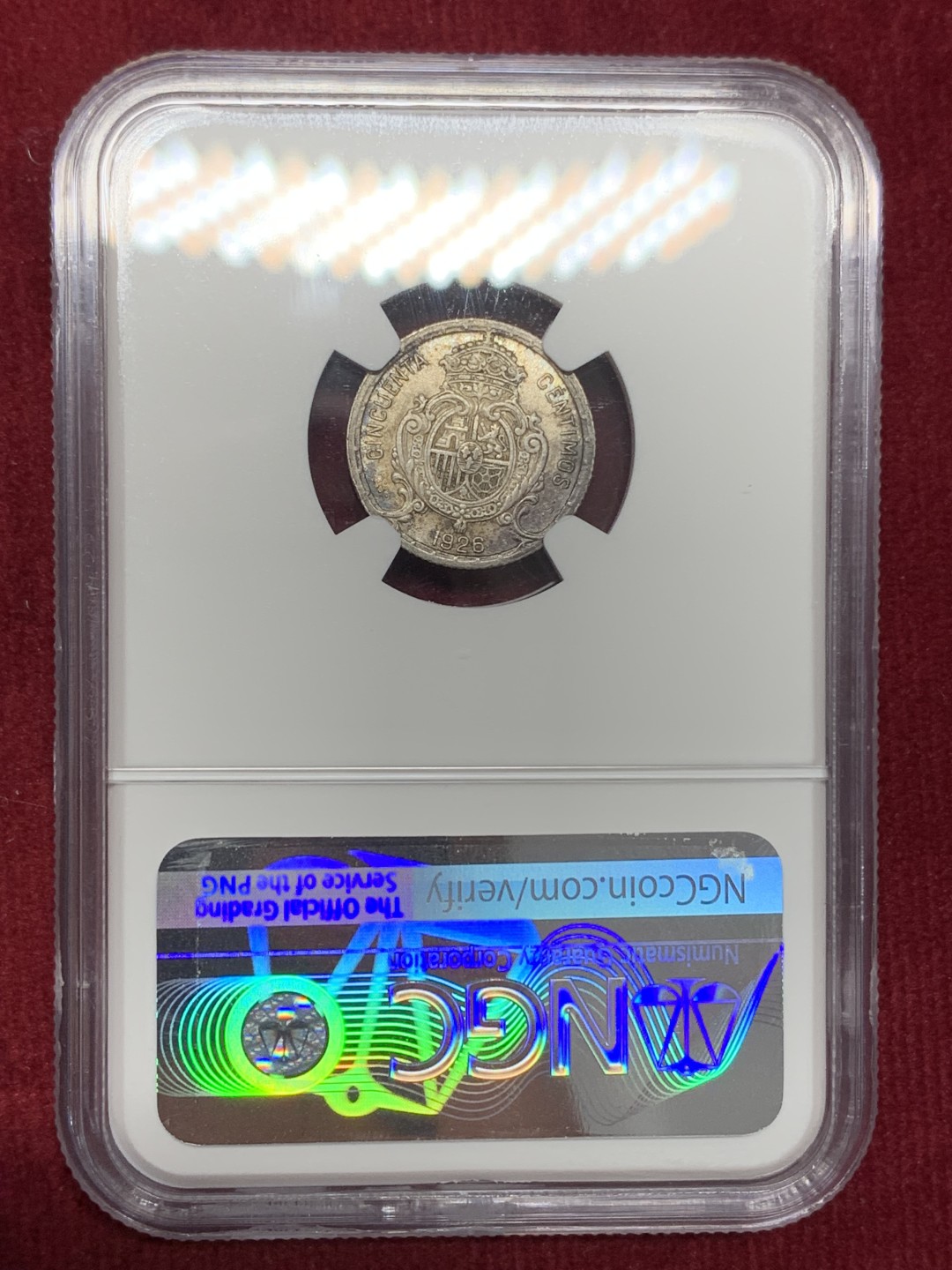 《竞宝斋》第159场-周日，周一 2场 (全场包邮) NGC-MS61 西班牙 1926年 阿方索十三世 50分银币 深紫色包浆 小而精