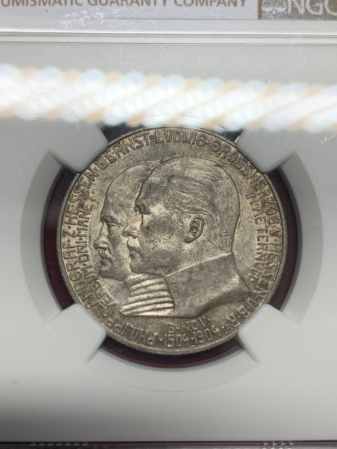 《竞宝斋》第159场-周日，周一 2场 (全场包邮) NGC MS63 德国黑森达姆施塔特 1904年 2马克银币