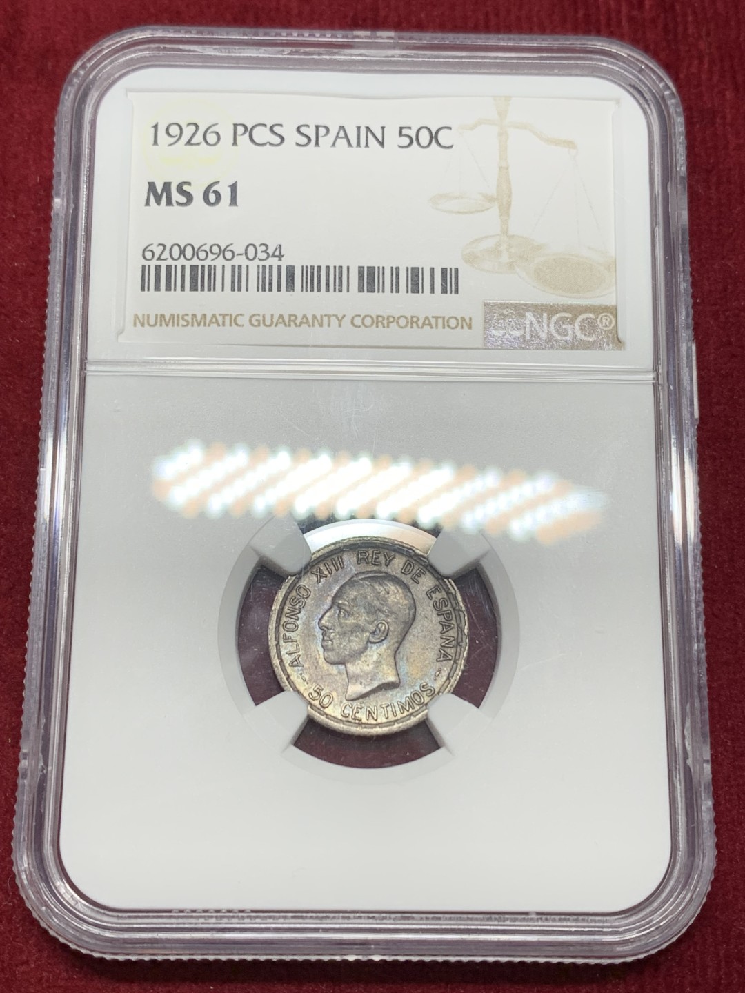 《竞宝斋》第159场-周日，周一 2场 (全场包邮) NGC-MS61 西班牙 1926年 阿方索十三世 50分银币 深紫色包浆 小而精