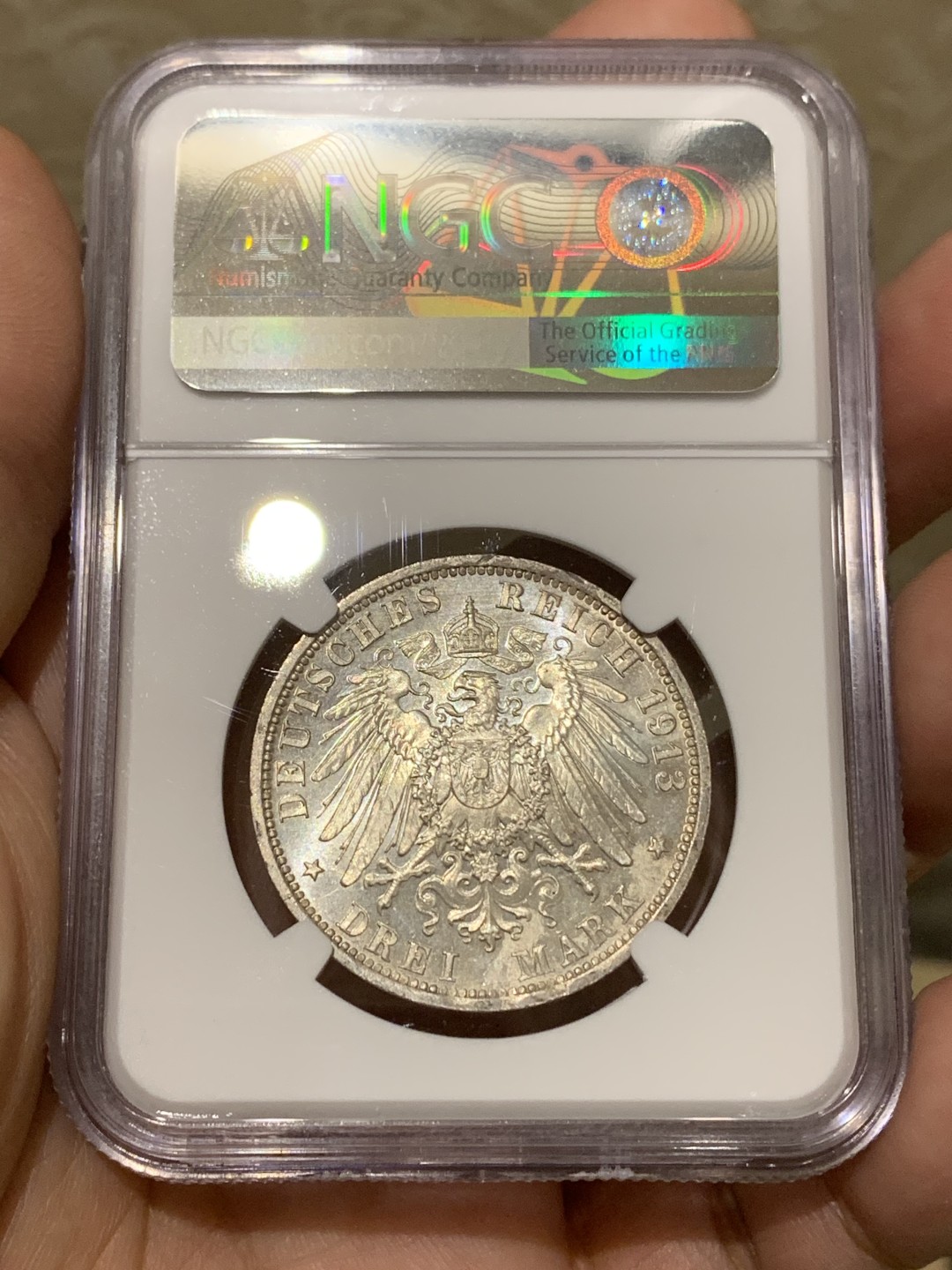 《竞宝斋》第159场-周日，周一 2场 (全场包邮) NGC-MS64 德国1913 普鲁士威廉二世军装3马克，高亮车轮光