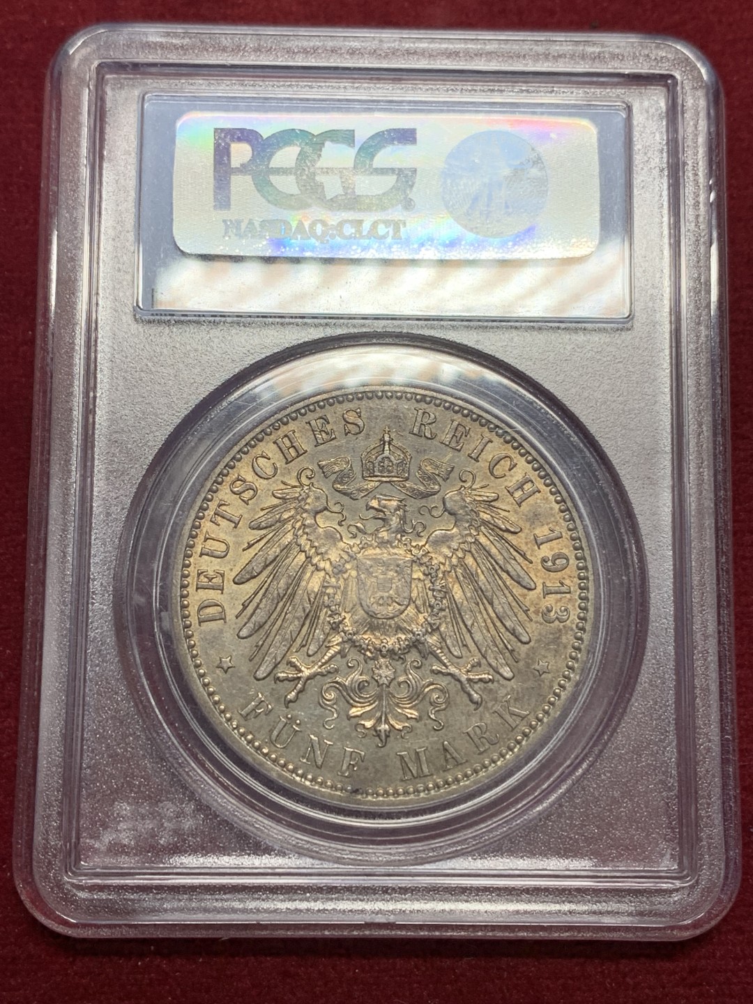 《竞宝斋》第159场-周日，周一 2场 (全场包邮) PCGS-MS62 德国汉堡 1913年双狮5马克 淡彩包浆 灯下非常漂亮 状态很好