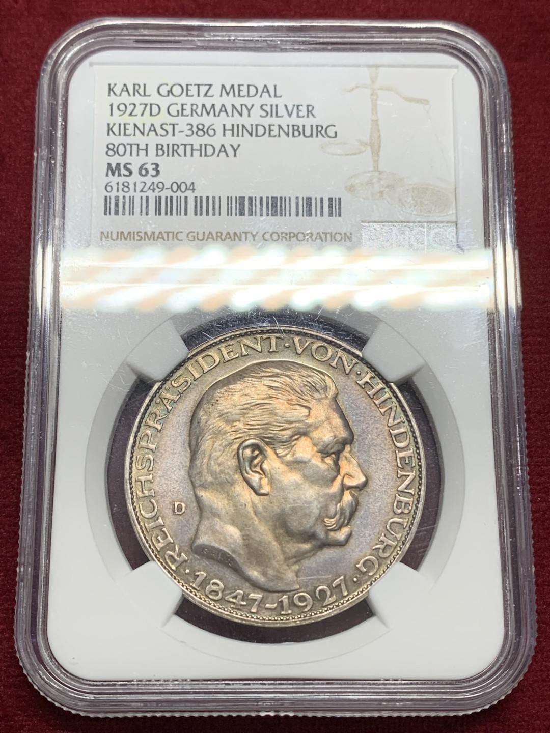 《竞宝斋》第159场-周日，周一 2场 (全场包邮) NGC-MS63 德国 1927D年 兴登堡80大寿银币蓝紫彩镜面光 5马克币型章 哥茨作品