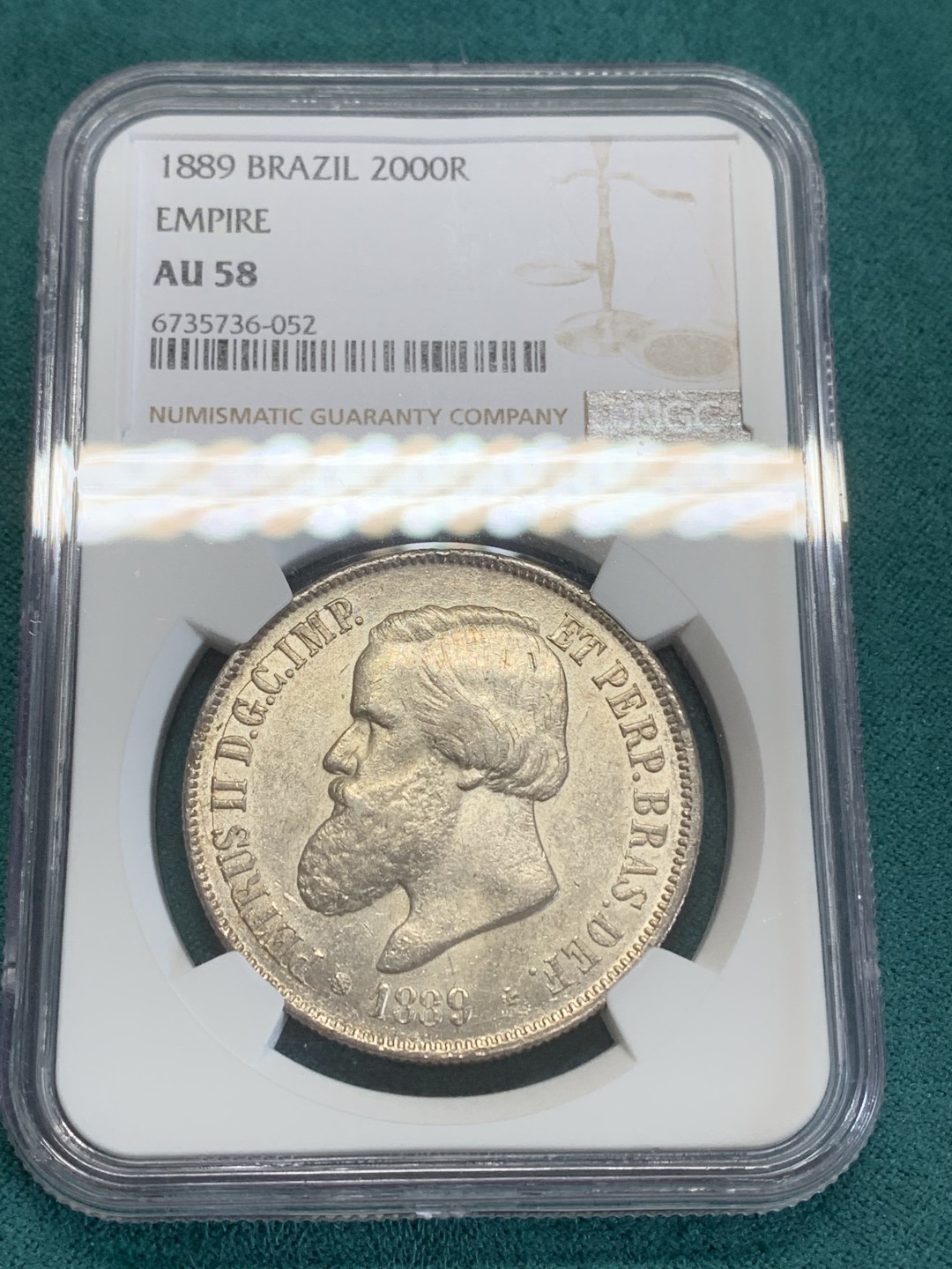 《竞宝斋》第159场-周日，周一 2场 (全场包邮) NGC-AU58 巴西1889年 佩德罗二世 2000瑞斯大银币 大热暴涨系列
