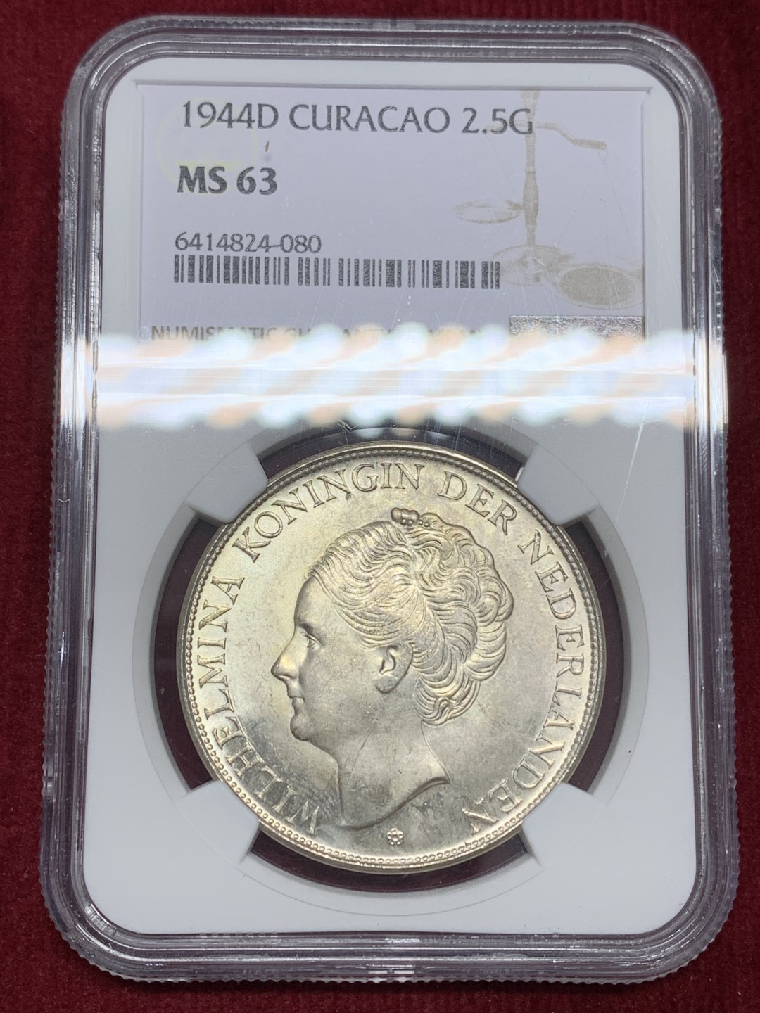 《竞宝斋》第159场-周日，周一 2场 (全场包邮) NGC-MS63 荷属库拉索1944年 威廉米娜女王 2.5盾大银币 顶级原光好品