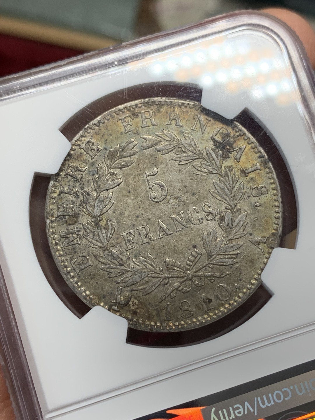 《竞宝斋》第159场-周日，周一 2场 (全场包邮) NGC-AU55 1810年法国拿破仑5法郎 1810的评级数量大概是1811的20%，老包浆状态可以