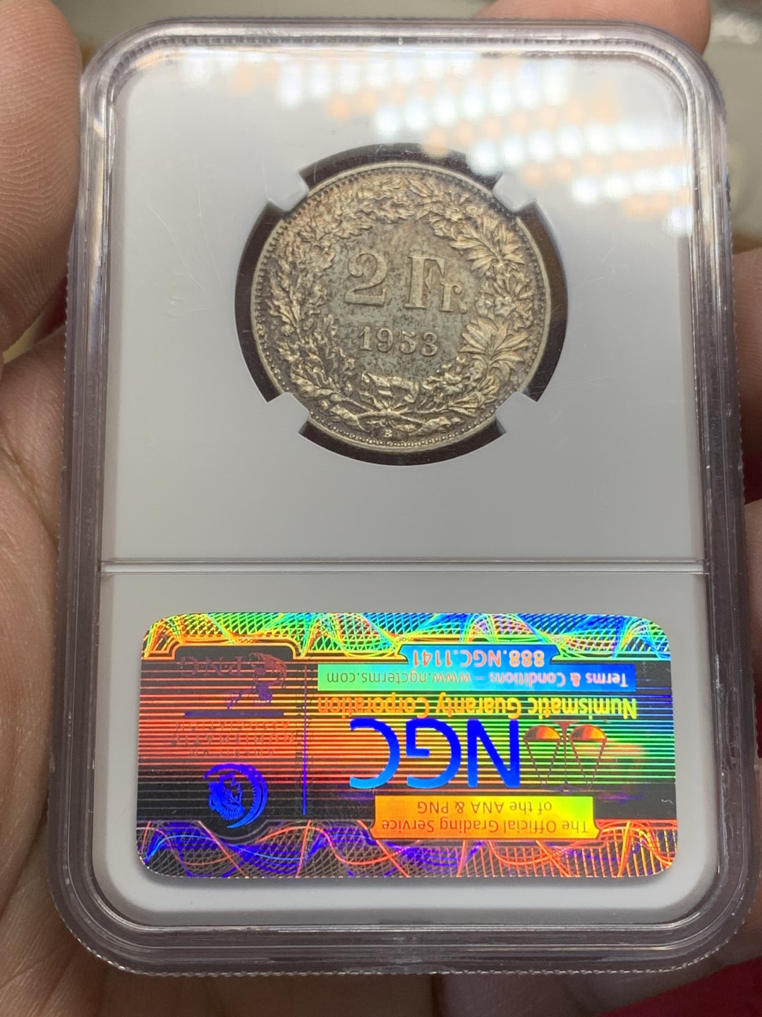 《竞宝斋》第159场-周日，周一 2场 (全场包邮) NGC-MS63 1953年 瑞士2法郎银币，赫尔维蒂娅女神。后期特年，1940后发行量最少的年份，书价是常见6x年的4-5倍