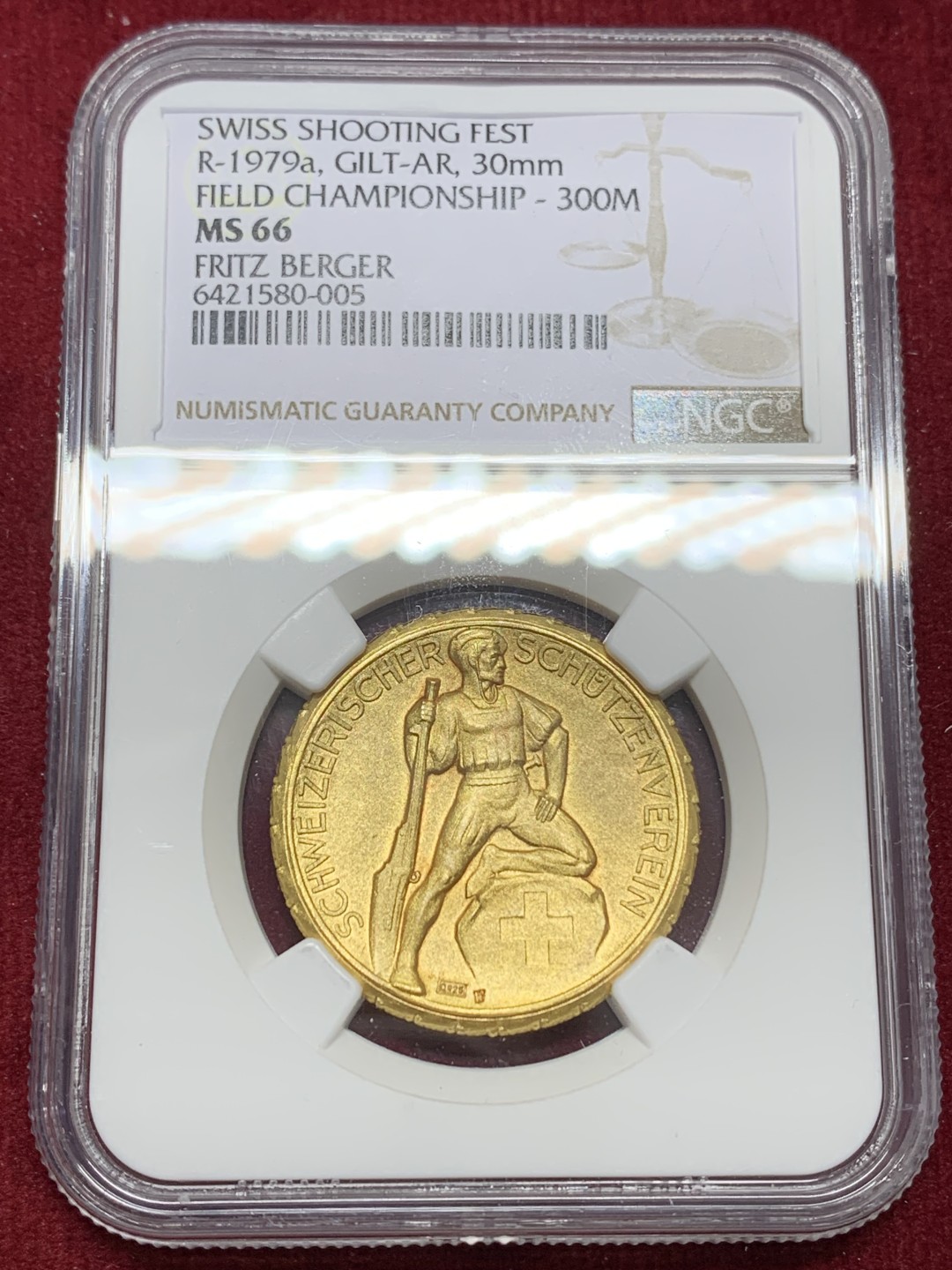 《竞宝斋》第159场-周日，周一 2场 (全场包邮) NGC MS66 1920-30年瑞士射击节镀金银章 顶级分数 细节非常好