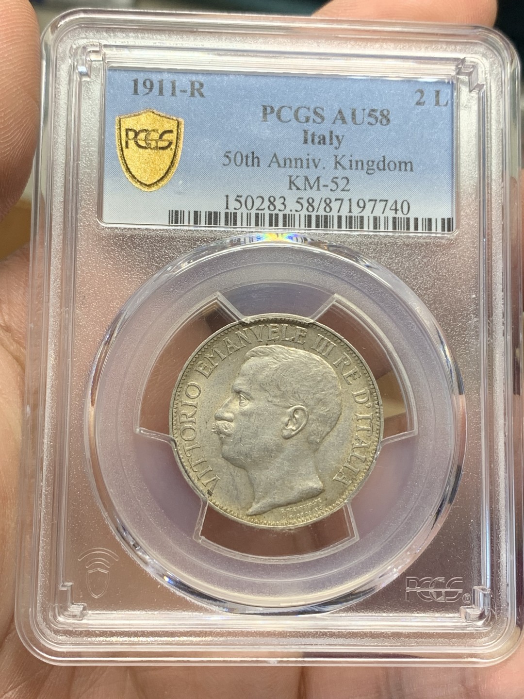 《竞宝斋》第159场-周日，周一 2场 (全场包邮) PCGS-AU58 意大利 1911年 建国50周年纪念2里拉银币，银托奶 双女神的经典设计 托奶银里拉，意系热门。光度上佳，细节不输N盒MS