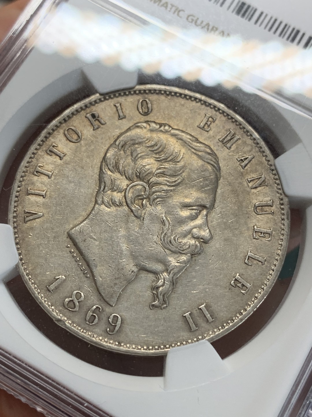 《竞宝斋》第159场-周日，周一 2场 (全场包邮) NGC-AU 1869意大利伊曼纽尔二世5里拉大银币