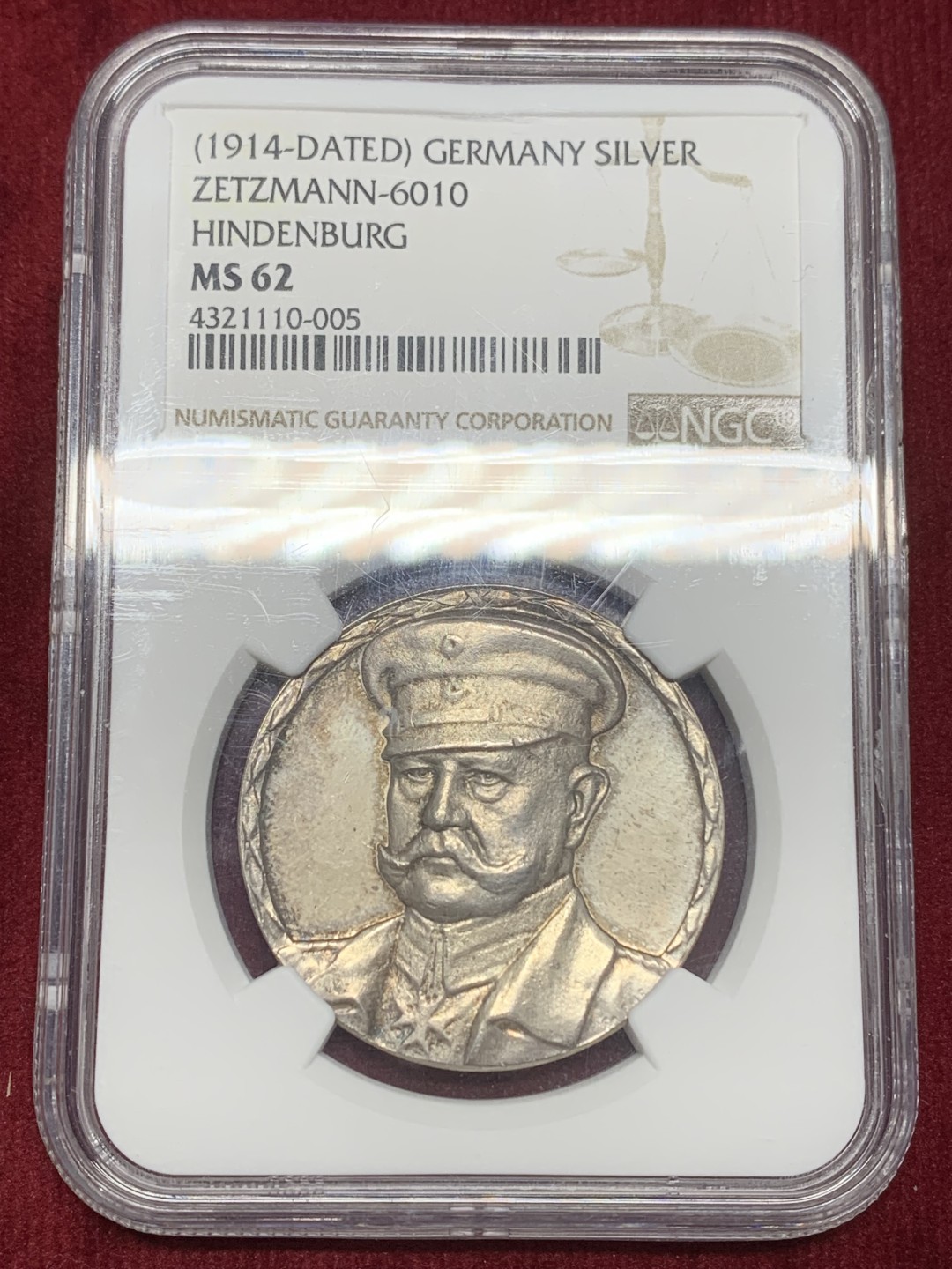 《竞宝斋》第159场-周日，周一 2场 (全场包邮) NGC-MS62 德国1914年 兴登堡大元帅任职纪念银章