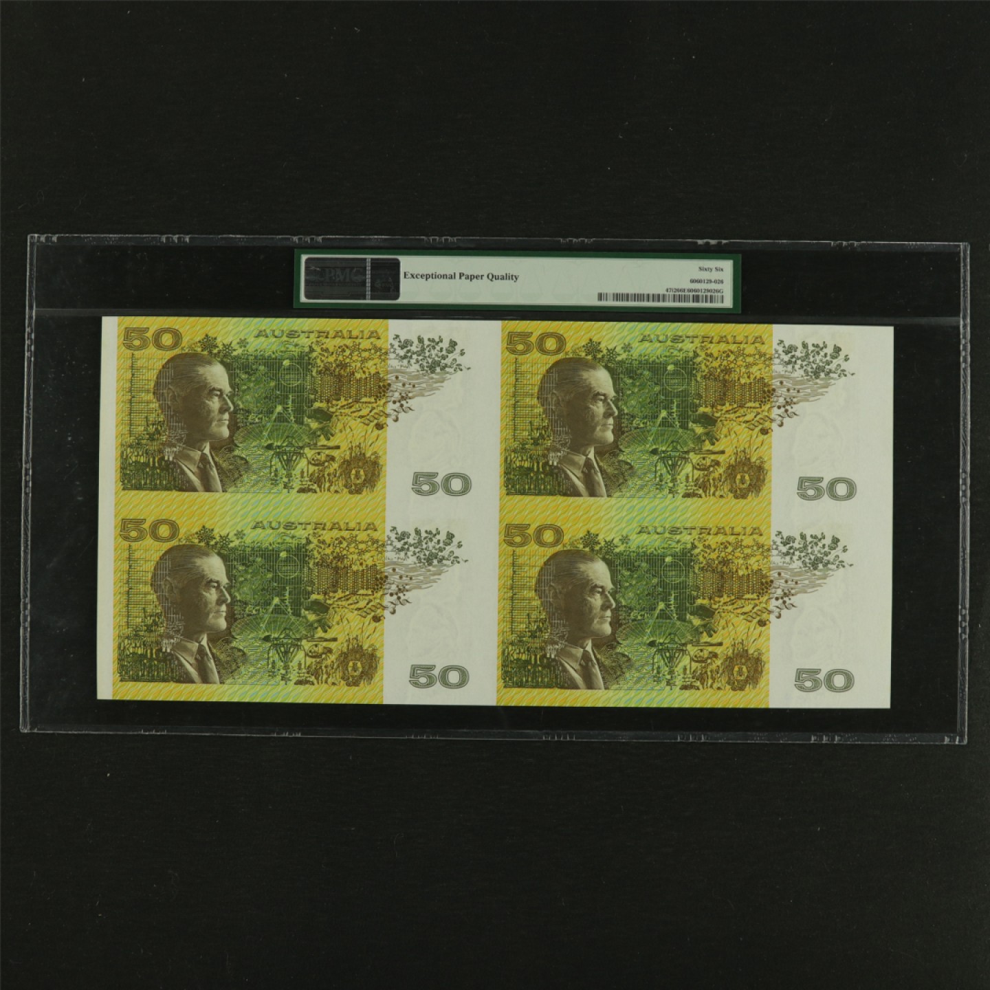 【亘邦集藏】第157期拍卖 【唯一冠军分】1994年 澳大利亚四连钞50元 PMG 66EPQ A/B/C/D000645 带册