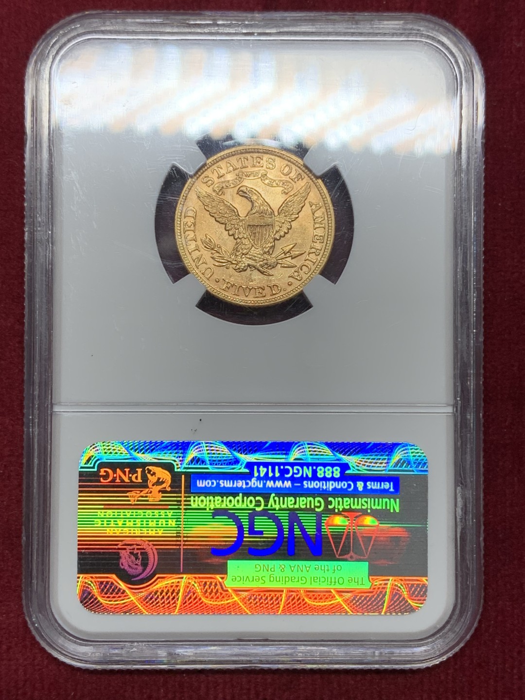 《竞宝斋》第159场-周日，周一 2场 (全场包邮) NGC-MS62  1894年美国自由女神像5美元金币 8.35克 0.900金 直径21.65MM 发行96万不到
