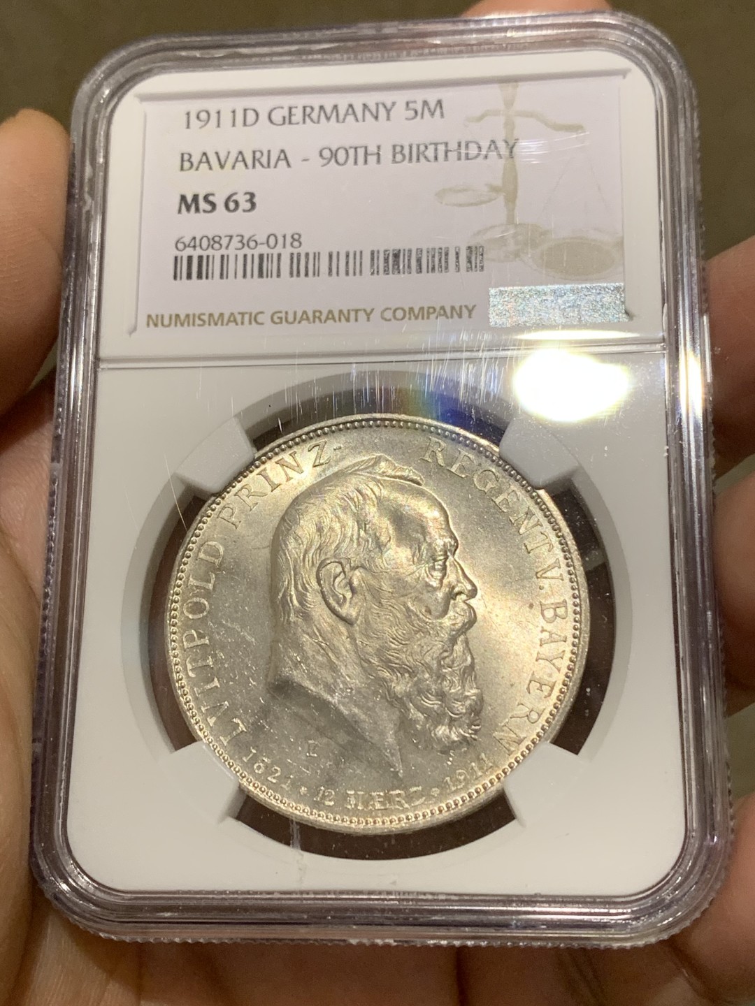 《竞宝斋》第159场-周日，周一 2场 (全场包邮) NGC-MS63 德国 1911年 5马克 大银币 巴伐利亚  摄政王90大寿纪念银币 细节完美 高分难得 鹰面64水平