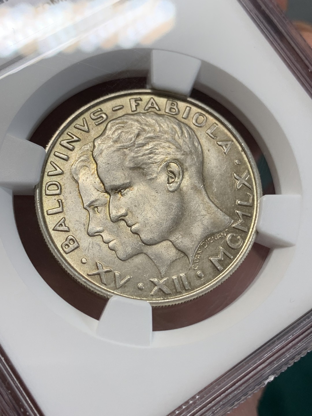 《竞宝斋》第159场-周日，周一 2场 (全场包邮) NGC-MS62 比利时1960年 皇家金婚 50法郎银币 状态难得