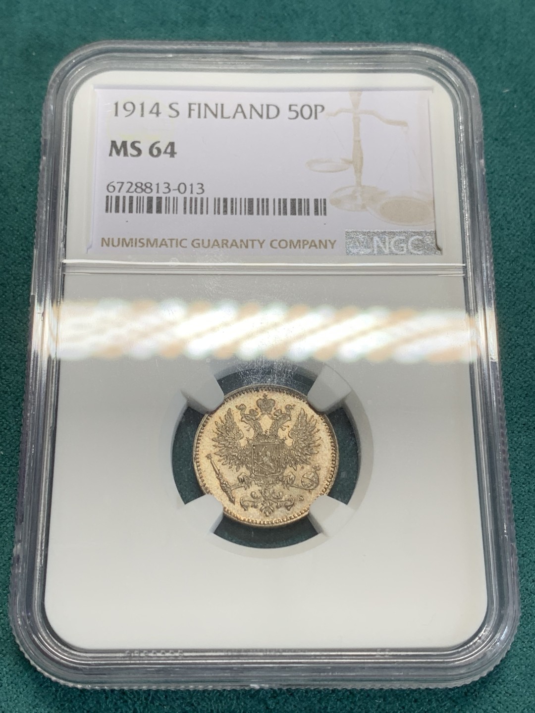 《竞宝斋》第159场-周日，周一 2场 (全场包邮) NGC-MS64 芬兰1914年 双头鹰50P银币 好状态