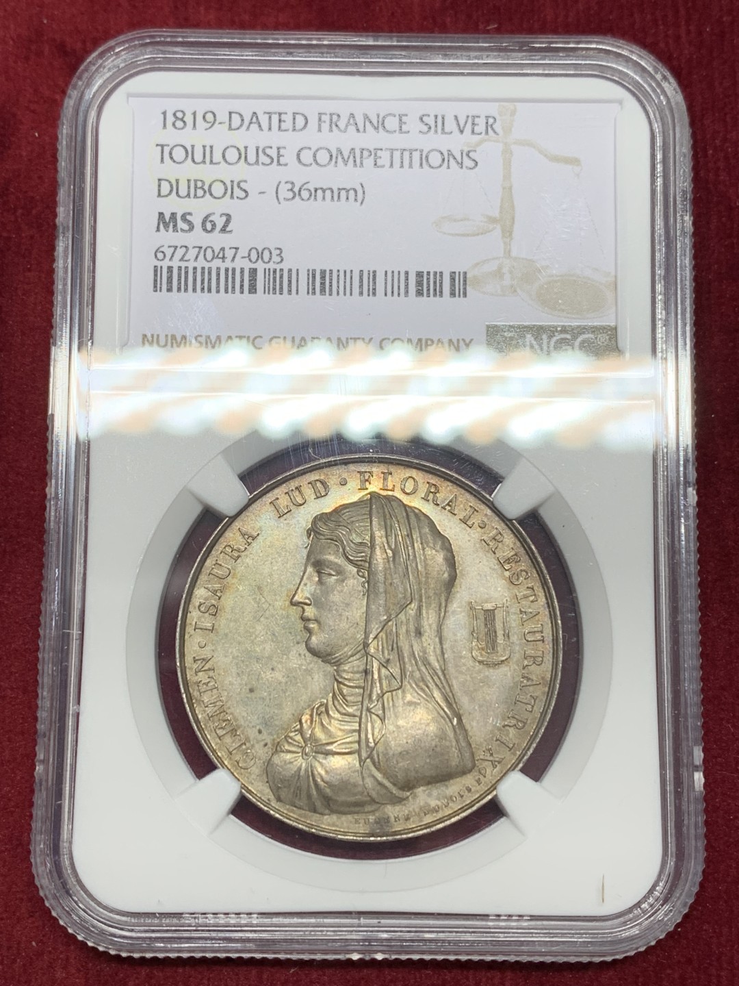 《竞宝斋》第159场-周日，周一 2场 (全场包邮) NGC-MS62 法国图卢兹1819年花卉文学节银质奖章，名家设计，女神及花卉优美典雅，淡灰彩浆，镜面感强，维克多雨果曾于1817年获该奖