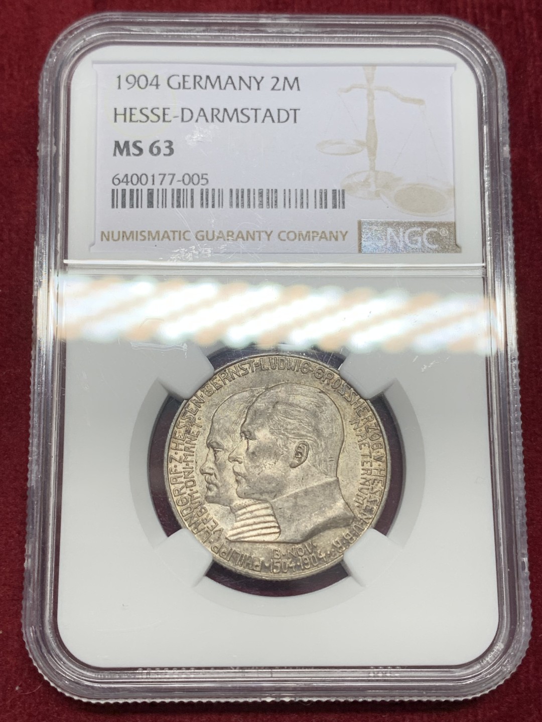 《竞宝斋》第159场-周日，周一 2场 (全场包邮) NGC MS63 德国黑森达姆施塔特 1904年 2马克银币