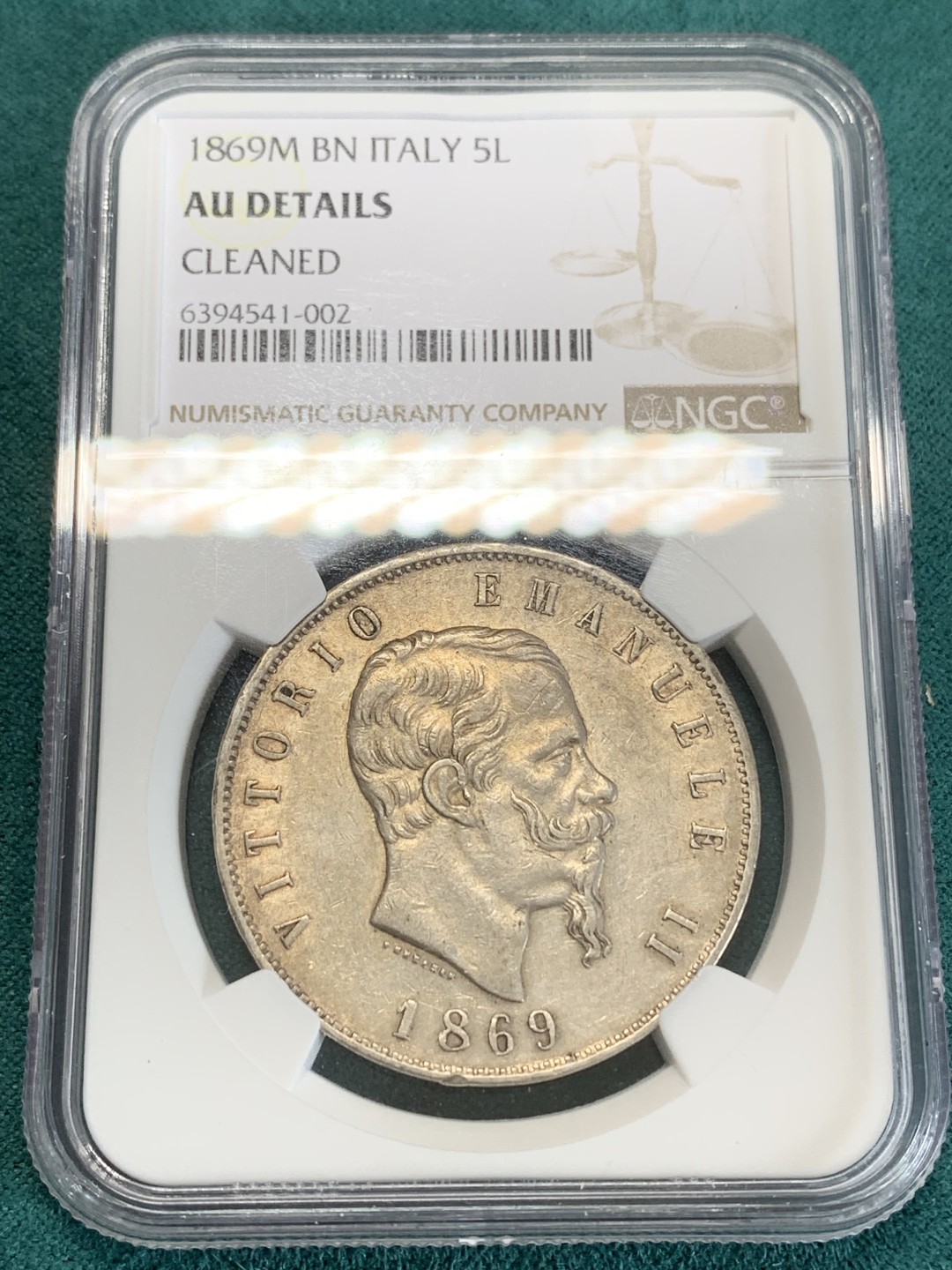 《竞宝斋》第159场-周日，周一 2场 (全场包邮) NGC-AU 1869意大利伊曼纽尔二世5里拉大银币