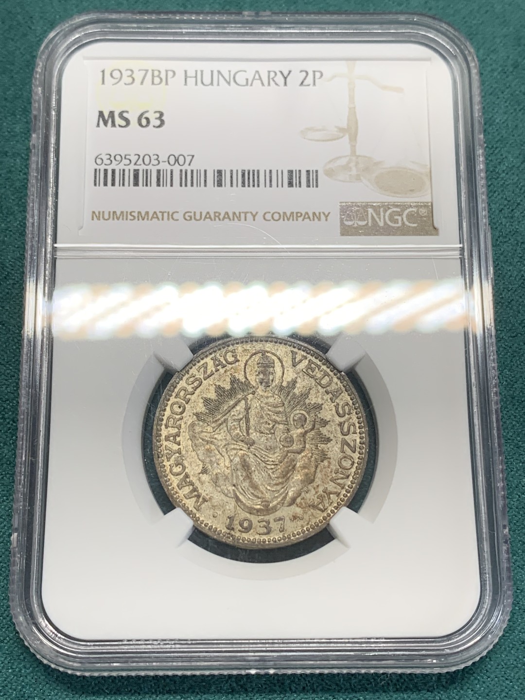 《竞宝斋》第159场-周日，周一 2场 (全场包邮) NGC-MS63 匈牙利 1937 2潘果 银币 圣母抱婴 可收藏分数