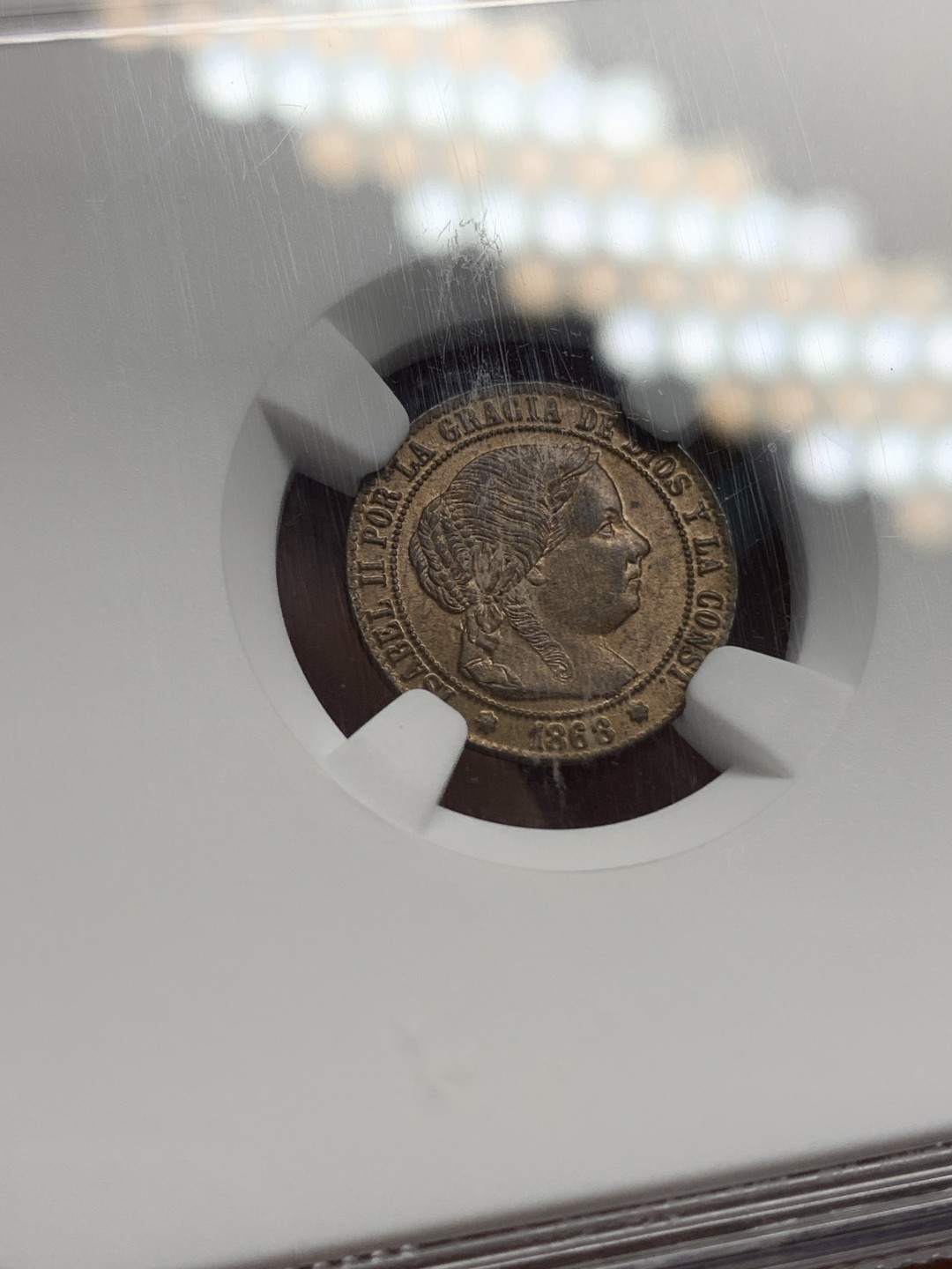 《竞宝斋》第159场-周日，周一 2场 (全场包邮) NGC-MS64RB 冠军分 1868年 西班牙伊莎贝拉女王1/2C铜币，塞维利亚厂。玲珑可爱的猪头妹铜币，难得RB原铜光，冠军分顶级品质