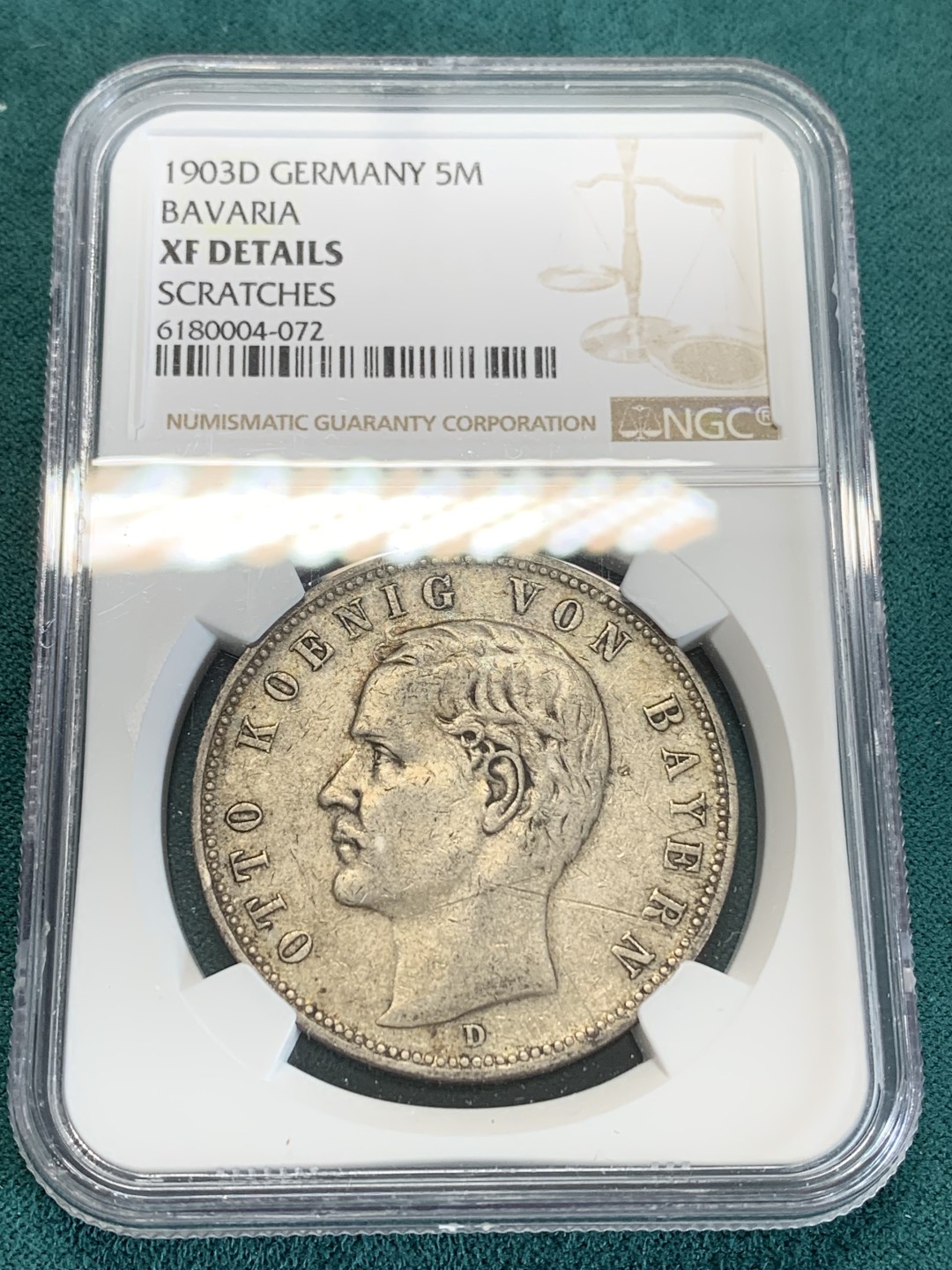 《竞宝斋》第159场-周日，周一 2场 (全场包邮) NGC-XFD 1903D 德国巴伐利亚奥托5马克大银币