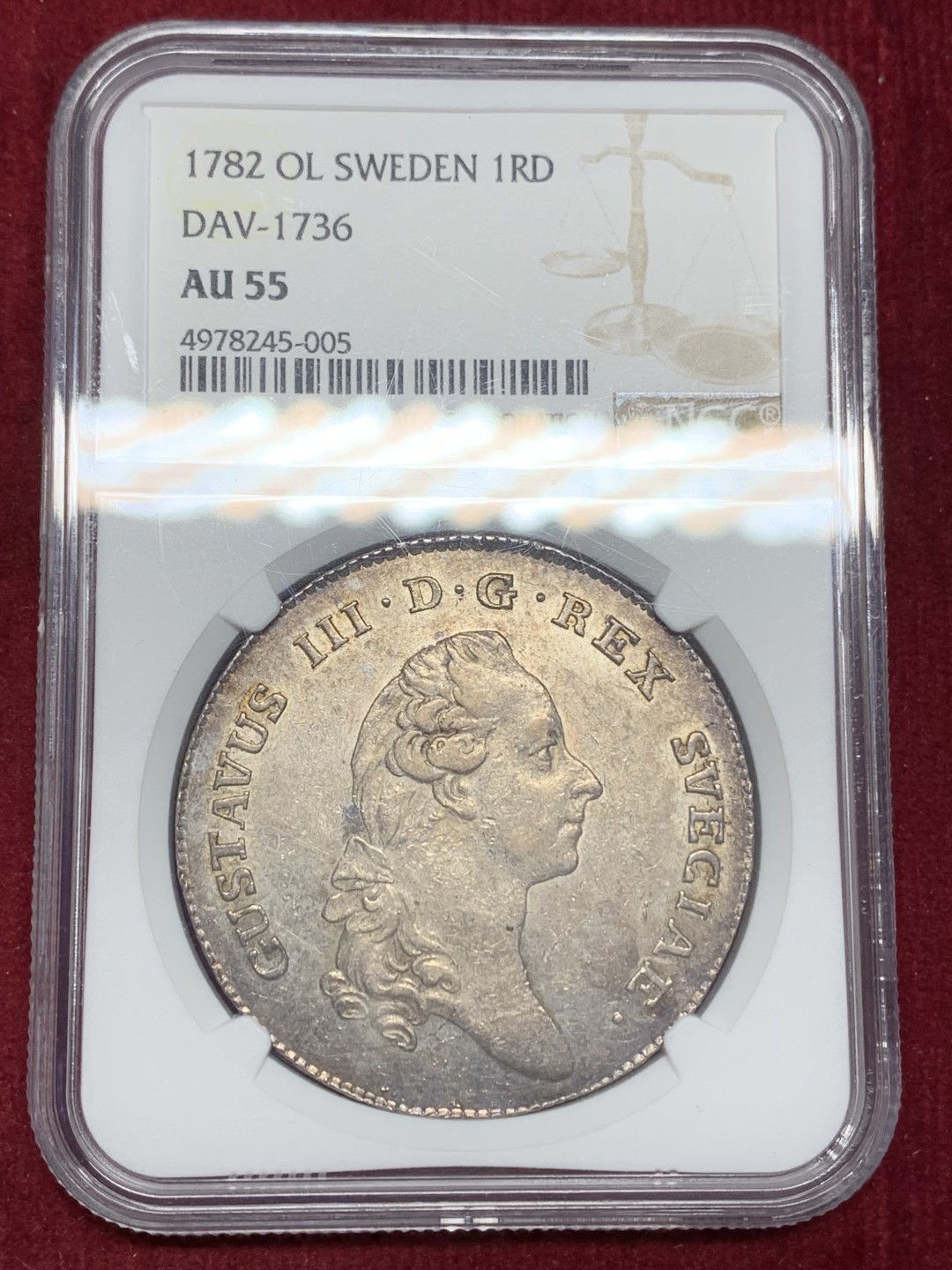 《竞宝斋》第159场-周日，周一 2场 (全场包邮) NGC-AU55 瑞典  1782 古斯塔夫三世 1塔勒银币 稀少品种 灰彩 地板好