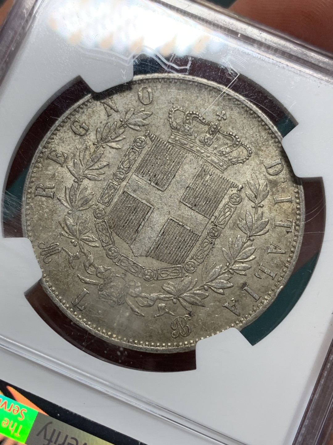 《竞宝斋》第159场-周日，周一 2场 (全场包邮) NGC-MS62 意大利5里拉大银 1869年该品种首年 枪灰色泛橙包浆 意大利国父埃马努埃尔二世早期统治意大利的见证