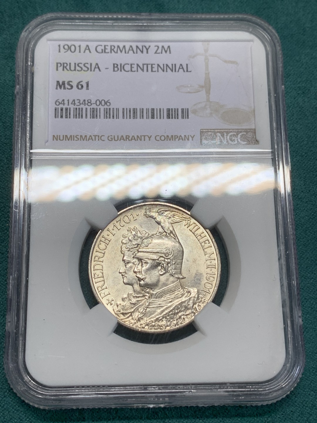 《竞宝斋》第159场-周日，周一 2场 (全场包邮) NGC-MS61 德国 1901年 A版 2马克 普鲁士建国200周年纪念 明显车轮光 正面有一丝淡黄包浆