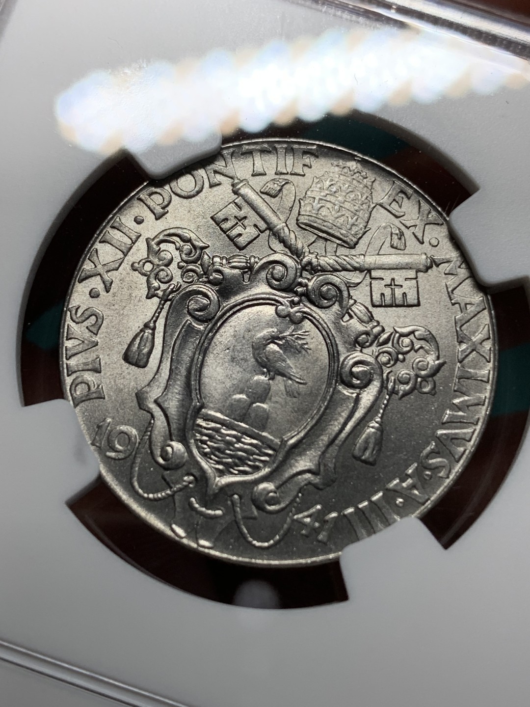 《竞宝斋》第159场-周日，周一 2场 (全场包邮) NGC-MS65，梵蒂冈1941年2里拉大镍币，耶稣救世寓意，梵蒂冈铸币设计巅峰